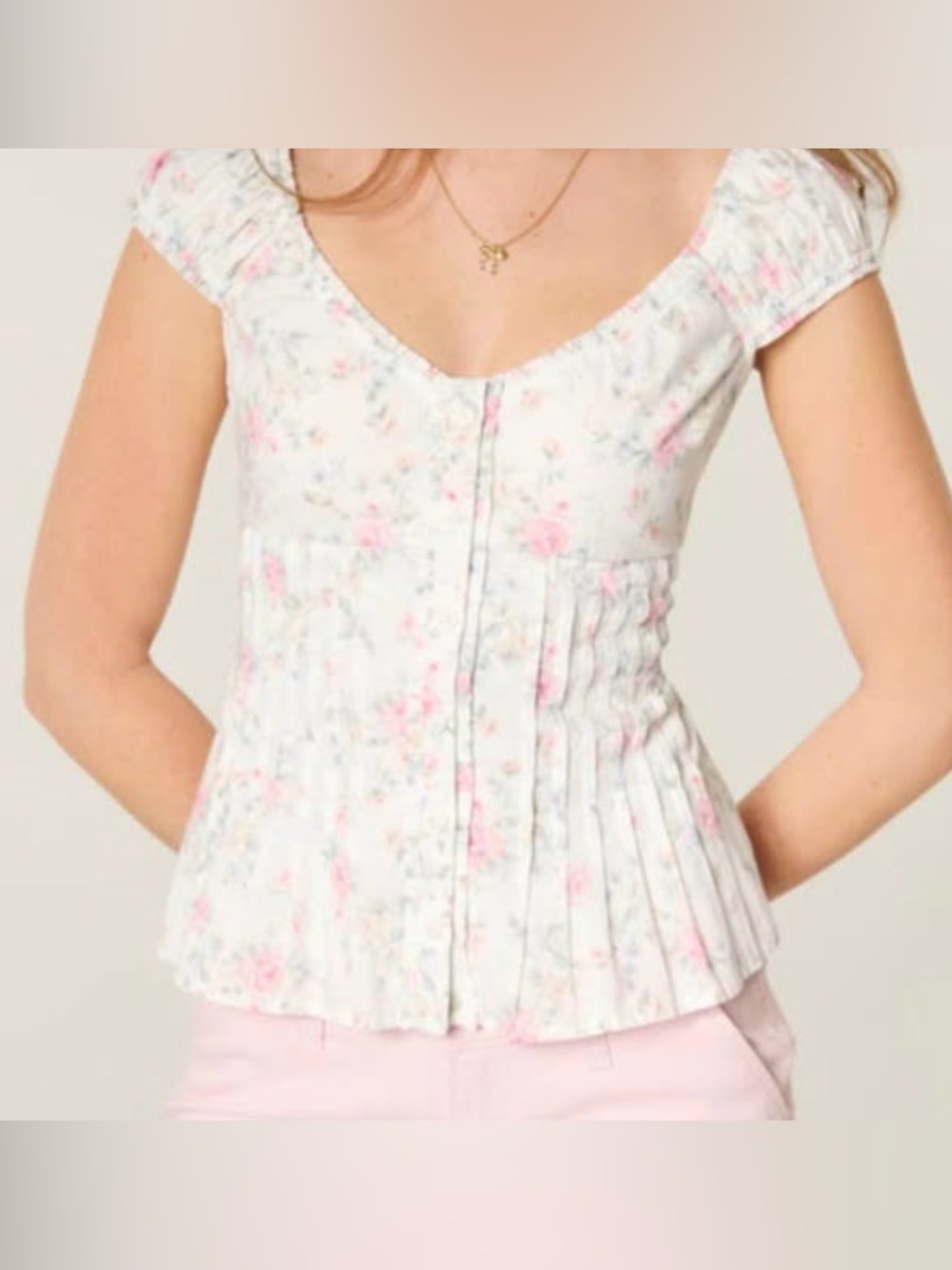 Hollister White Cap-Sleeve Peplum Top with Pink Floral
